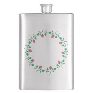 Floral round frame with pink rose flowers hip flask