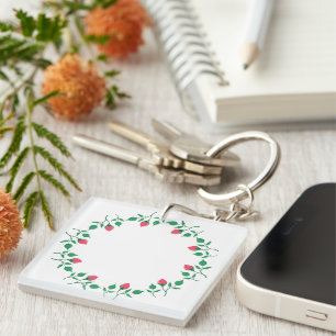 Floral round frame with pink rose flowers  key ring
