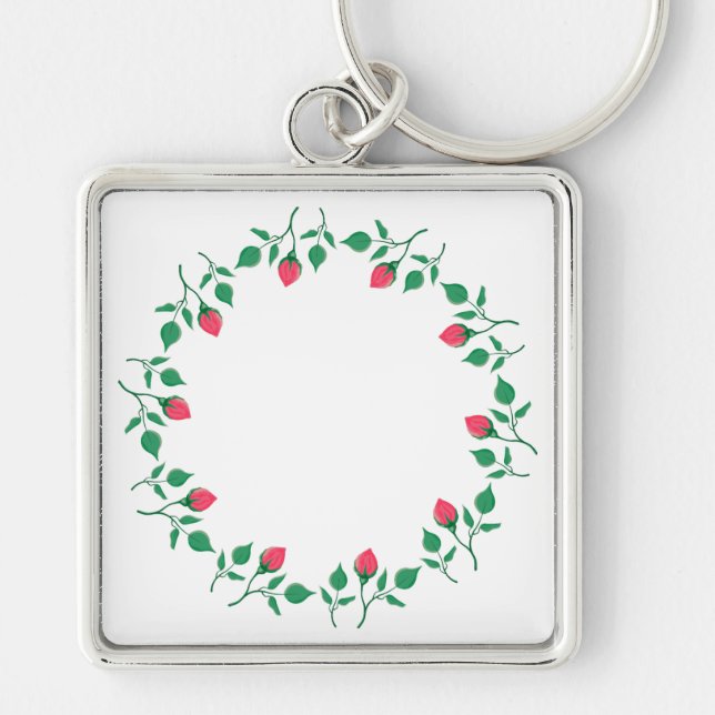 Floral round frame with pink rose flowers  key ring (Front)