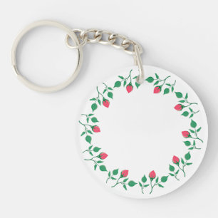 Floral round frame with pink rose flowers key ring