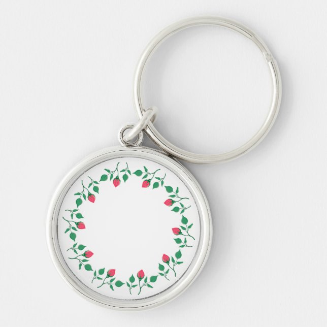 Floral round frame with pink rose flowers  key ring (Front)