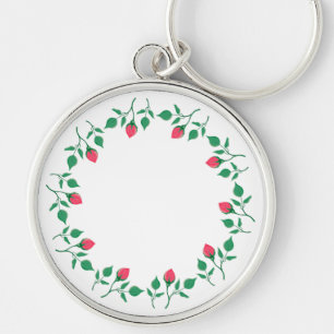 Floral round frame with pink rose flowers key ring