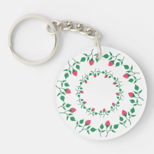 Floral round frame with pink rose flowers key ring