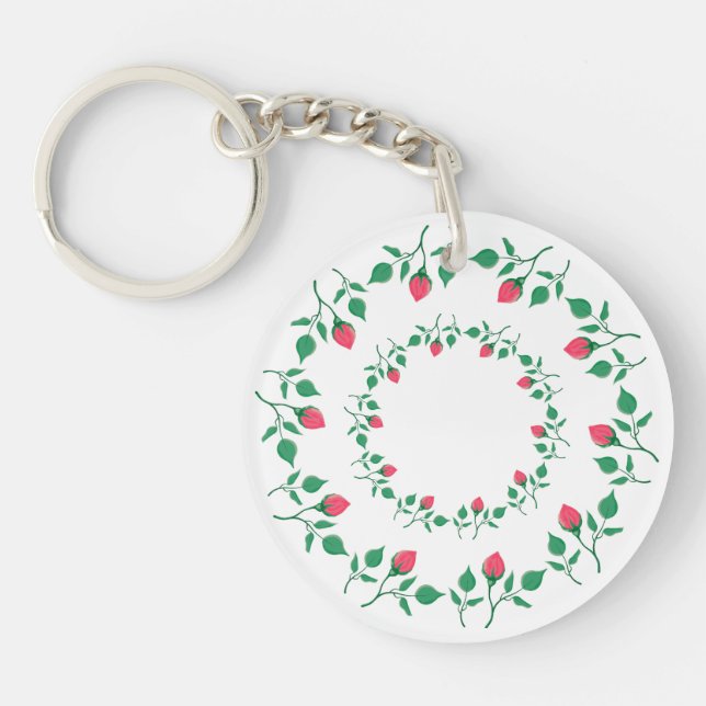 Floral round frame with pink rose flowers   key ring (Front)