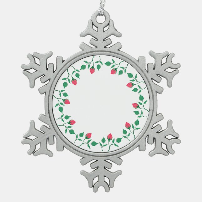 Floral round frame with pink rose flowers  snowflake pewter christmas ornament (Front)