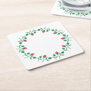 Floral round frame with pink rose flowers square paper coaster