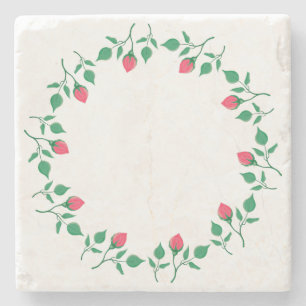 Floral round frame with pink rose flowers stone coaster
