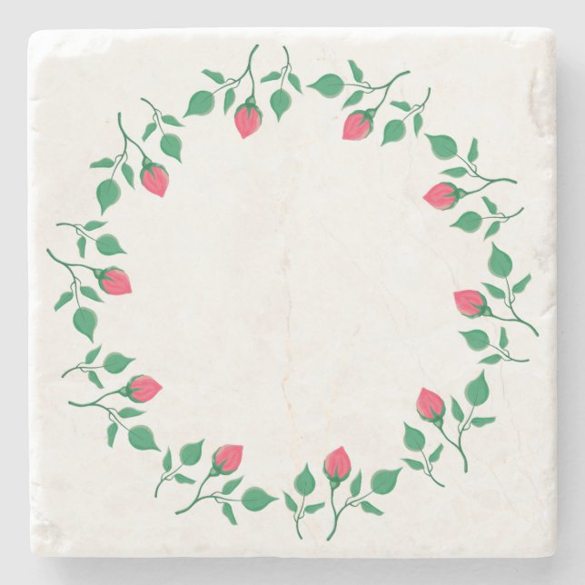 Floral round frame with pink rose flowers   stone coaster (Front)