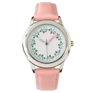 Floral round frame with pink rose flowers watch