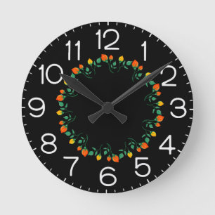Floral round frame with yellow and red rose flower clock