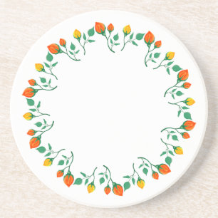 Floral round frame with yellow and red rose flower coaster