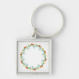 Floral round frame with yellow and red rose flower key ring