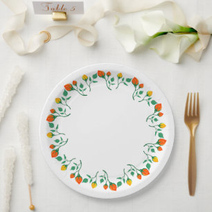 Floral round frame with yellow and red rose flower paper plate