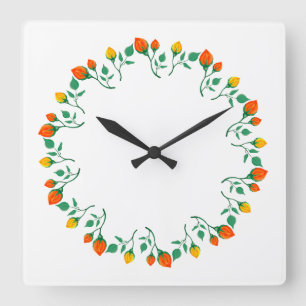 Floral round frame with yellow and red rose flower square wall clock
