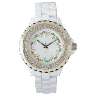 Floral round frame with yellow and red rose flower watch