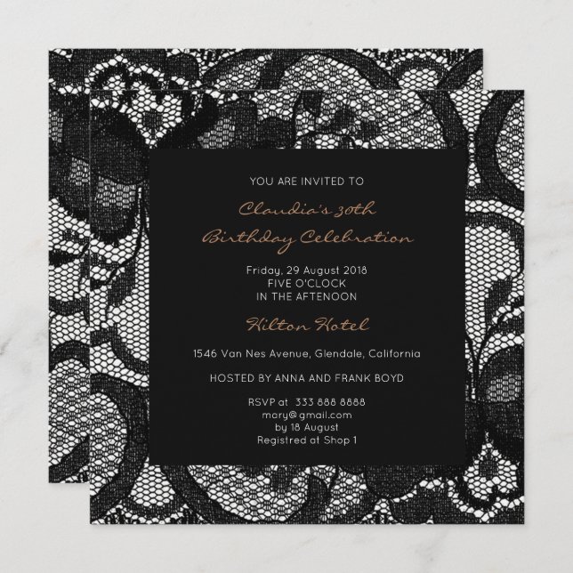 Floral Royal Black White Lace Bridal Shower Party Invitation (Front/Back)