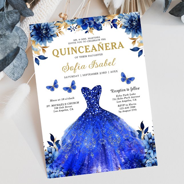 Floral Royal Blue Bilingual Spanish Quinceanera Invitation (Creator Uploaded)