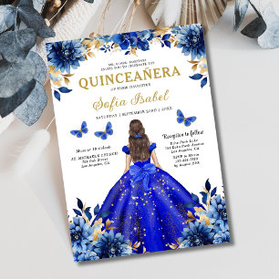 Floral Royal Blue Bilingual Spanish Quinceanera Invitation