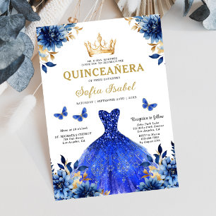 Floral Royal Blue Bilingual Spanish Quinceanera Invitation