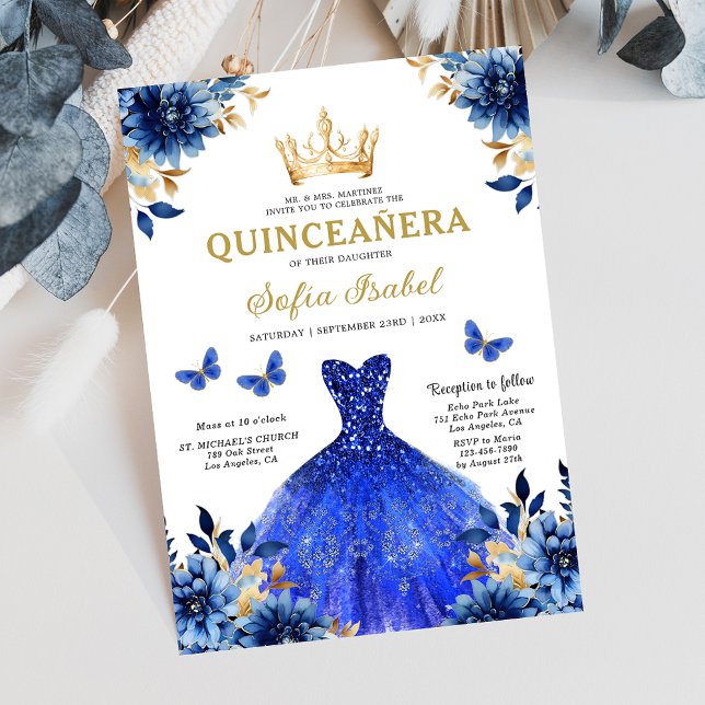 Floral Royal Blue Bilingual Spanish Quinceanera Invitation (Creator Uploaded)