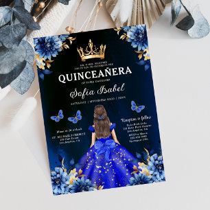 Floral Royal Blue Bilingual Spanish Quinceanera Invitation