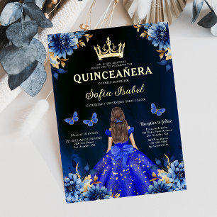 Floral Royal Blue Bilingual Spanish Quinceanera Invitation