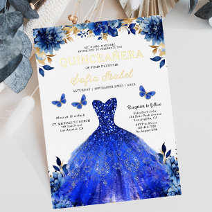 Floral Royal Blue Butterfly Princess Quinceanera