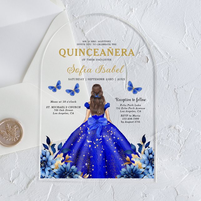 Floral Royal Blue Butterfly Princess Quinceanera Acrylic Invitations (Creator Uploaded)