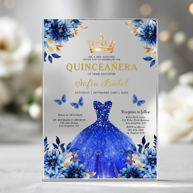 Floral Royal Blue Butterfly Princess Quinceanera Acrylic Invitations (Creator Uploaded)