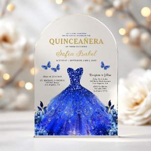 Floral Royal Blue Butterfly Princess Quinceanera Acrylic Invitations