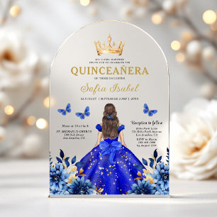 Floral Royal Blue Butterfly Princess Quinceanera Acrylic Invitations