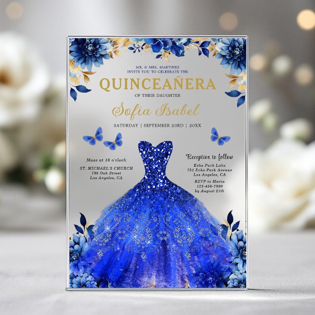 Floral Royal Blue Butterfly Princess Quinceanera Acrylic Invitations (Creator Uploaded)