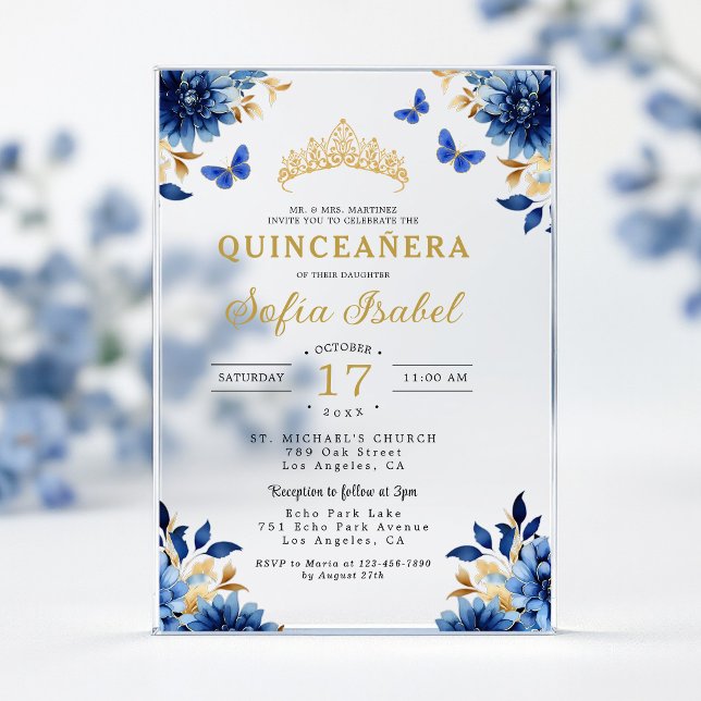 Floral Royal Blue Butterfly Princess Quinceanera Acrylic Invitations (Creator Uploaded)