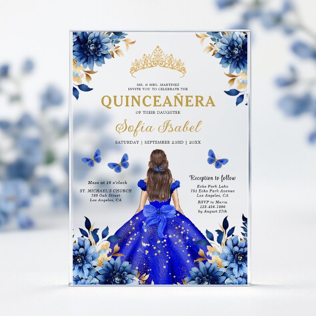 Floral Royal Blue Butterfly Princess Quinceanera Acrylic Invitations (Creator Uploaded)