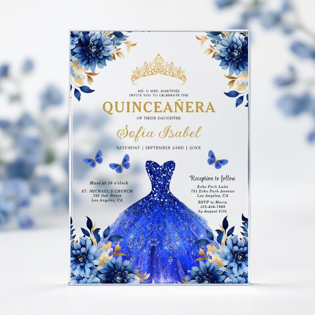 Floral Royal Blue Butterfly Princess Quinceanera Acrylic Invitations (Creator Uploaded)