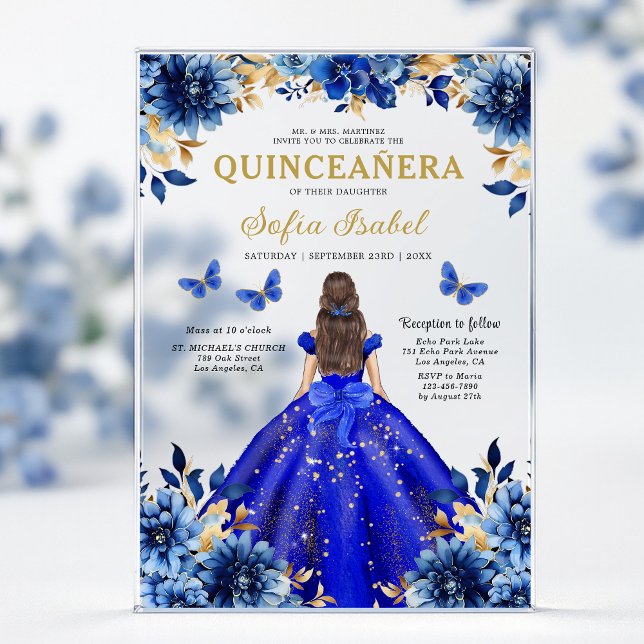 Floral Royal Blue Butterfly Princess Quinceanera Acrylic Invitations (Creator Uploaded)