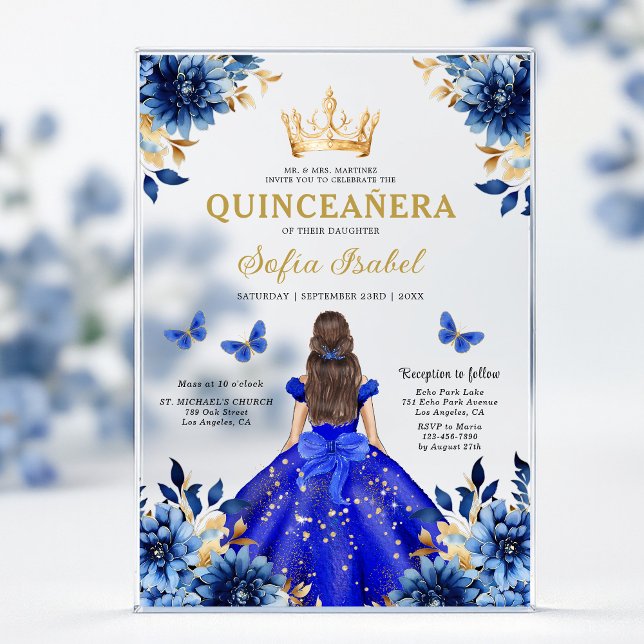 Floral Royal Blue Butterfly Princess Quinceanera Acrylic Invitations (Creator Uploaded)
