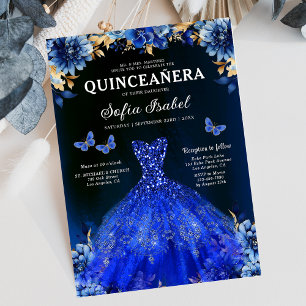Floral Royal Blue Butterfly Princess Quinceanera Invitation