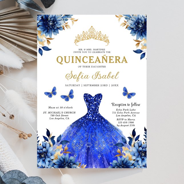 Floral Royal Blue Butterfly Princess Quinceanera Invitation (Creator Uploaded)