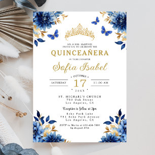 Floral Royal Blue Butterfly Princess Quinceanera Invitation