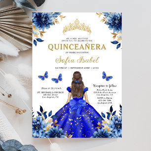Floral Royal Blue Butterfly Princess Quinceanera Invitation