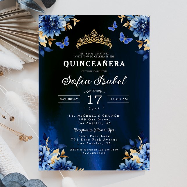 Floral Royal Blue Butterfly Princess Quinceanera Invitation (Creator Uploaded)