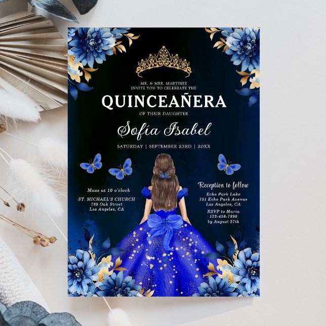 Floral Royal Blue Butterfly Princess Quinceanera Invitation (Creator Uploaded)