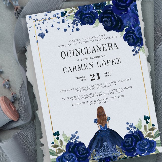 Floral Royal Blue Dress Budget Quinceanera Invitation (Creator Uploaded)