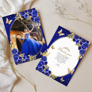 Floral Royal Blue Gold Butterfly Quinceañera Photo Thank You Card
