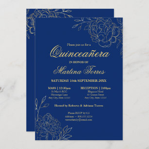 Floral Royal Blue Gold Fine Art Quinceanera Invitation