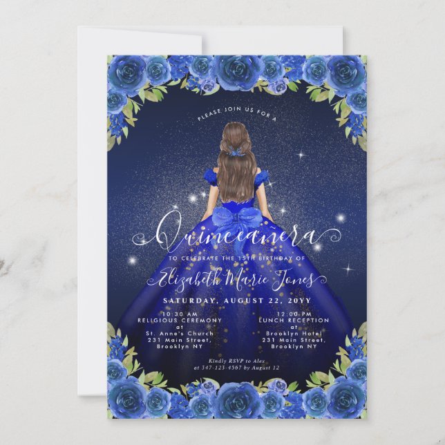 Floral Royal Blue Gold Glam Princess Quinceanera Invitation (Front)