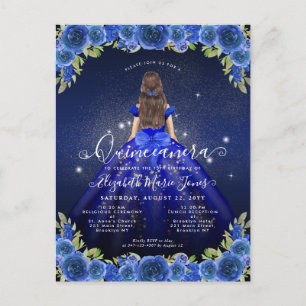 Floral Royal Blue Gold Glam Princess Quinceanera Postcard
