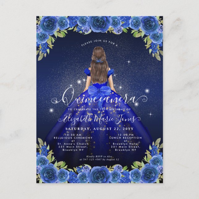 Floral Royal Blue Gold Glam Princess Quinceanera Postcard (Front)