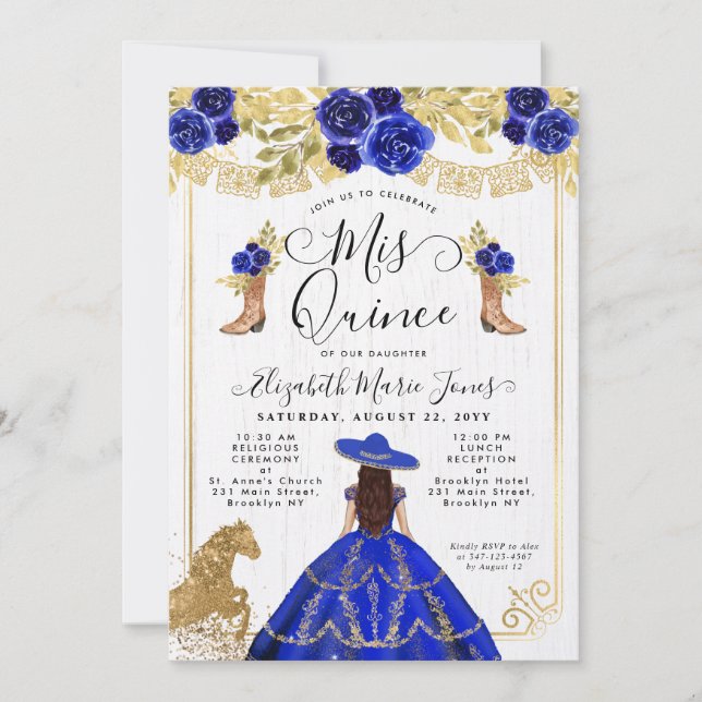 Floral Royal Blue Gold Horse Charra Quinceanera Invitation (Front)